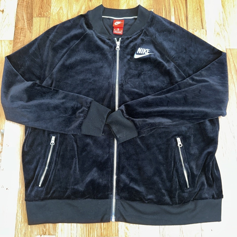 Vintage Nike Velour Track Jacket Womens Small Black White Stretch Velvet Pockets